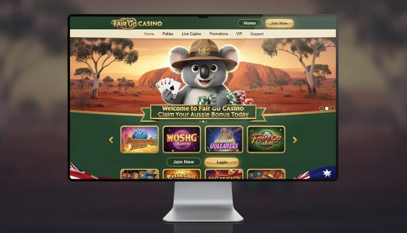 The image features the Fair Go Casino homepage, showcasing an Australian-themed design highlighted by a friendly koala mascot. This online casino interface emphasizes exciting games and generous bonuses for players, creating an inviting atmosphere for Australian players to explore.