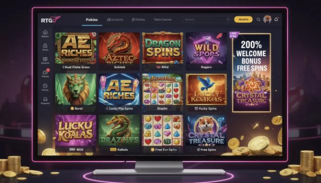 The image showcases a vibrant screenshot of popular RTG pokies games, featuring high-quality graphics and enticing bonus features that enhance the online casino experience. With colorful visuals and engaging gameplay, these exciting games are designed to attract Australian players and provide a seamless gaming experience.